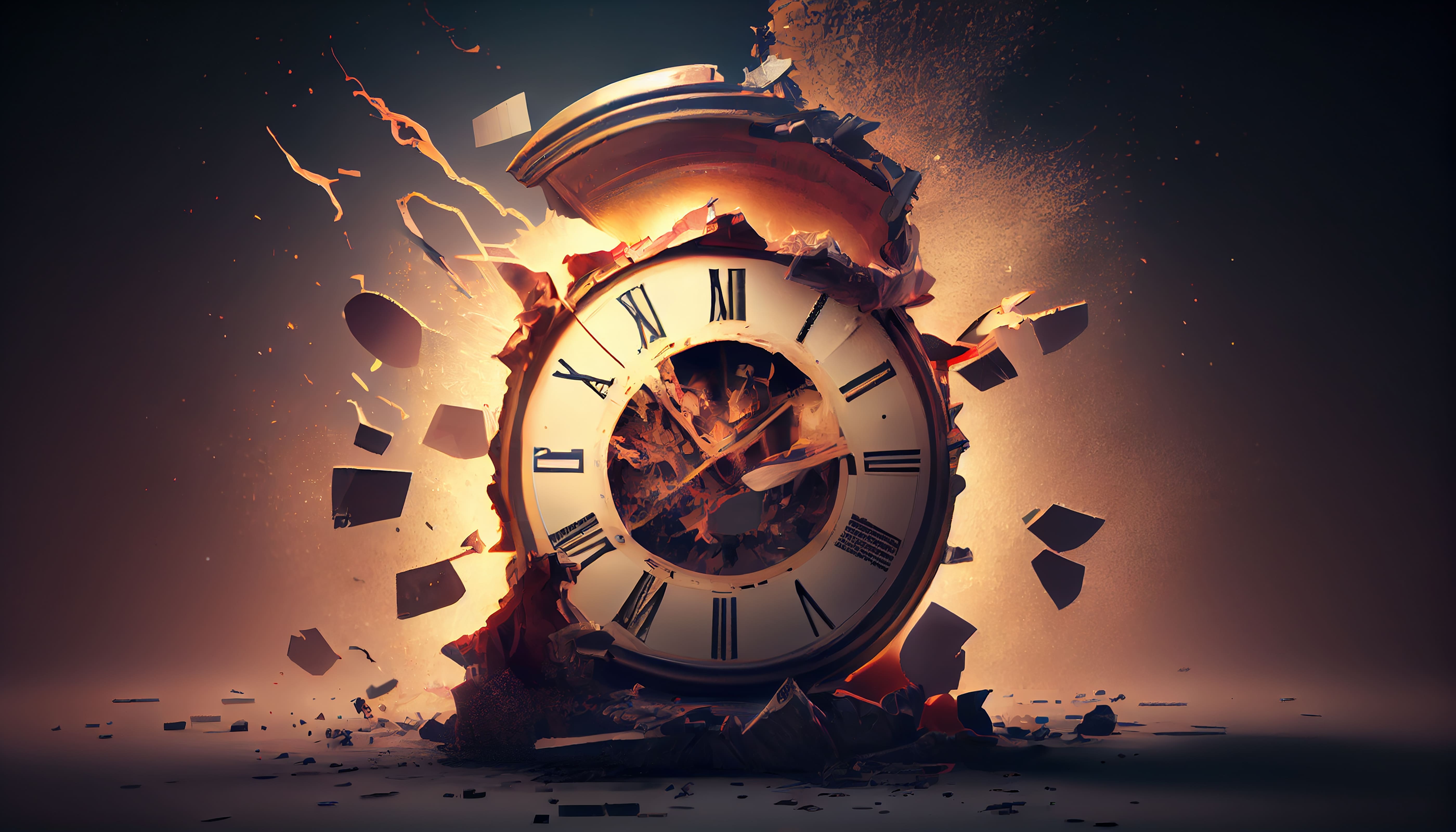 An explosive moment captured: shattered remnants of time float amidst a dynamic burst from a classic clock, symbolizing possibly the concept of time running out or a significant disruption in the continuum.